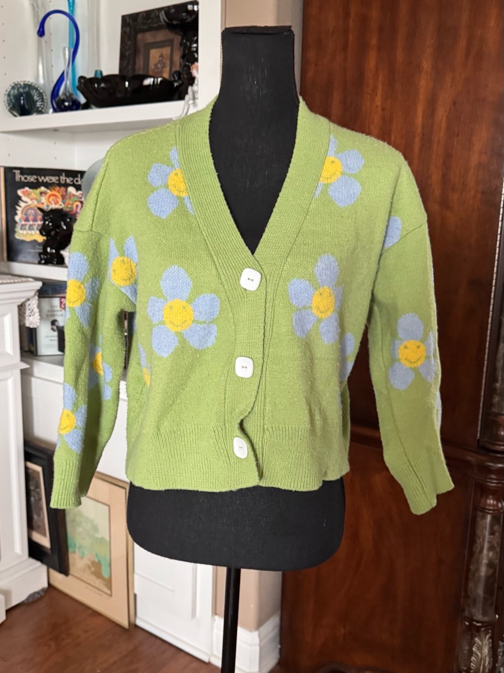 Green Daisy Button Cardigan Sweater